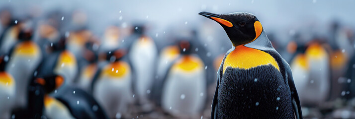 portrait of one emperor penguin in colony in winter in Arctic