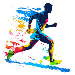 Isolated colorful watercolor runner man with brushstroke and splashes effect. 