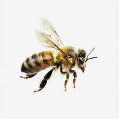 Honey Bee Flapping Its Wings On A White Background, Bee With Black And Yellow Stripes, Head With Fur, Angle View, Motion Photo