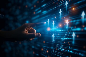 Fototapeta premium Abstract close-up of hand pointing at glowing business, business growth, businessman pointing hand, abstract glowing business background, Ai business growth, business growth neon 