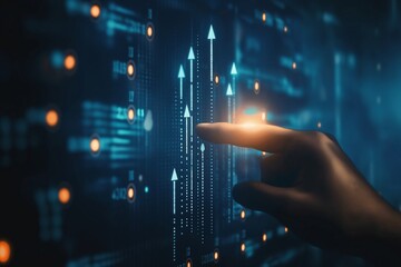 Fototapeta premium Abstract close-up of hand pointing at glowing business, business growth, businessman pointing hand, abstract glowing business background, Ai business growth, business growth neon 