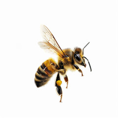Honey Bee Flying On A White Background, Head With Fur And Yellow And Black Stripes, Motion, Side View