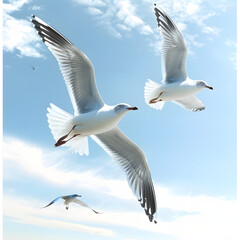 Fototapeta na wymiar Seagulls soaring overhead against a clear blue sky isolated on white background, hyperrealism, png 