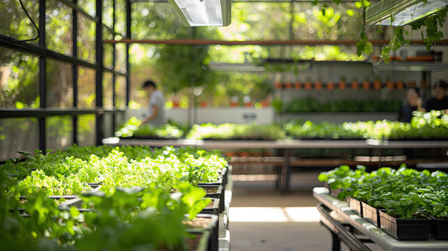 Thriving Urban Greenhouse Garden with Blurred Background