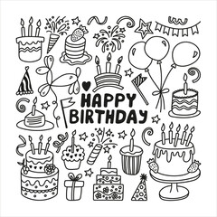 Hand drawn Happy birthday doodle set with fireworks, cake, candles, air balloon, flags and confetti
