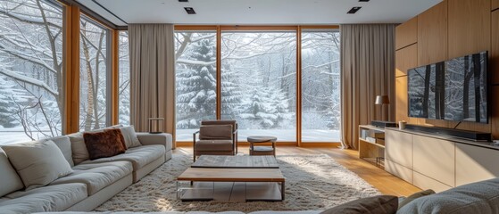 A living room with light wood furniture, a sofa and TV cabinet in the center of the picture, floor-to-ceiling windows outside show snow-covered trees