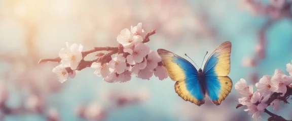 Gordijnen Beautiful blue yellow butterfly in flight and branch of flowering apricot tree in spring at Sunrise © Adi