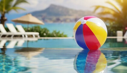 Summer holidays background with colorful beach ball floating on luxury swimming pool and copy space