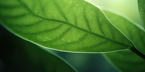 The close-up of leaf texture in green abstract nature background with a soft focus. Exuberant image. generative ai - obrazy, fototapety, plakaty