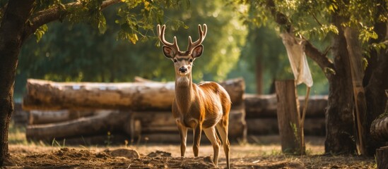 A deer gracefully stands among the lush greenery of the forest, blending in seamlessly with the natural landscape. The majestic terrestrial animal roams freely in its wooded habitat - obrazy, fototapety, plakaty