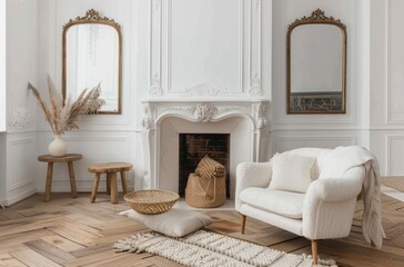 A living room with white walls, herringbone wood flooring and a vintage fireplace in the background