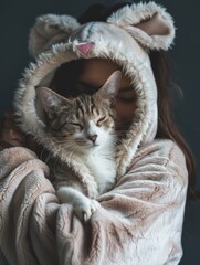 A person in a cozy animal hoodie cuddling a content tabby cat