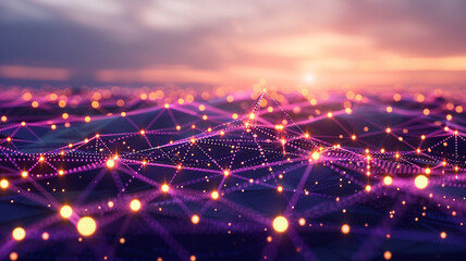 A panoramic abstract with dots of deep purple connected by triangles of glowing gold, set against a backdrop of a digital twilight. The scene suggests a mysterious and enchanting evening. - obrazy, fototapety, plakaty
