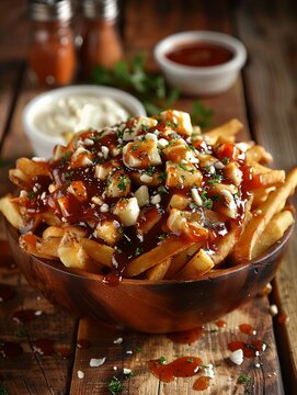 The satisfying sight of a classic poutine dish in freefall