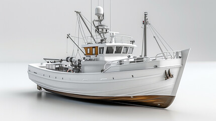 Naklejka premium A 3D concept model of a commercial fishing vessel equipped with the latest in navigation systems, radar systems, and sustainable fishing practices, ensuring minimal ecological impact