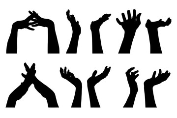 vector, ilustracion, manos, brazo, persona, plantas, señas, pose, amor, dedos, manos libres, siluetas, lenguaje, gestos - obrazy, fototapety, plakaty