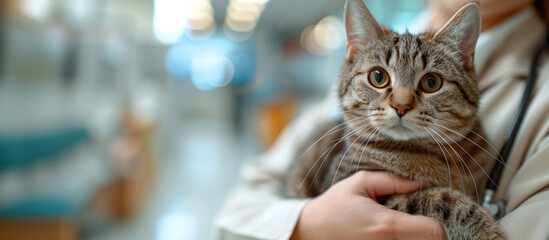 Close-up of veterinarian's hands holding tabby cat in veterinary clinic. Banner with copy space