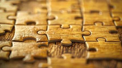 A nearly complete puzzle on a wood surface with a missing piece in the center. - obrazy, fototapety, plakaty