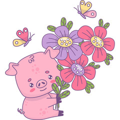 Happy pig with large bouquet of flowers