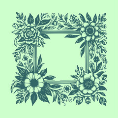 Floral wreath branch with border frame in hand-drawn style