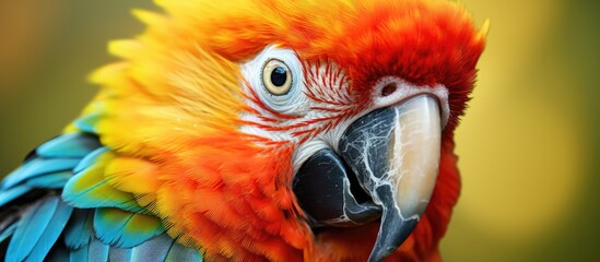 A close up of a vibrant Macaw parrot with a large beak showcasing its colorful feathers, a remarkable adaptation found in this avian organism - obrazy, fototapety, plakaty
