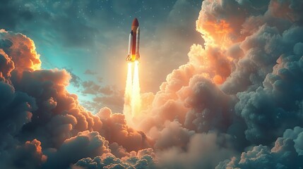 Rocket ship soaring through fluffy clouds with a trail of stardust behind it - obrazy, fototapety, plakaty