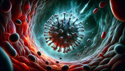 Microscopic Battlefield Virus Particle Invading Human Cell Biochemical - obrazy, fototapety, plakaty