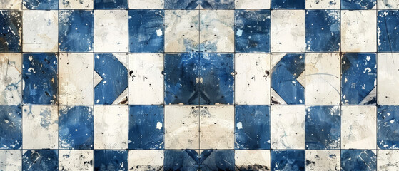 The texture of an aged blue and white retro vintage tile reveals a captivating blend of weathered patterns and faded hues.