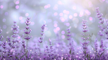 A serene, defocused background in a gentle lavender hue, dotted with soft violet bokeh lights, evoking an early morning mist in a flower field.