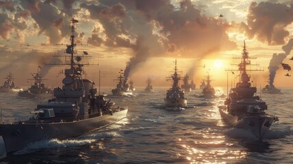 Obraz premium naval strength with a multitude of ships, showcasing the might of armed naval forces in an ultra-realistic depiction teeming with vibrant colors.