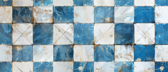 An old, vintage tile featuring a charming blue and white retro design. The weathered appearance adds character and nostalgia, evoking a sense of timeless elegance reminiscent of a bygone era.