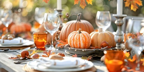 Obraz na płótnie Canvas Thanksgiving dinner table set with pumpkins fall foliage and festive tableware creating a warm harvest ambiance. Concept Thanksgiving Decor, Fall Foliage, Festive Tableware, Harvest Ambiance