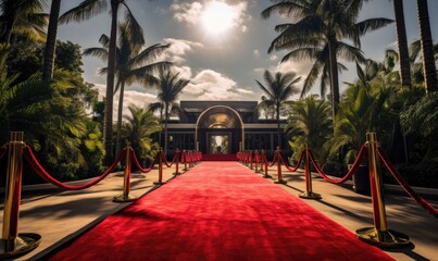 A private billionaires party with red carpet welcoming entrance for be part of an exclusive membership - obrazy, fototapety, plakaty