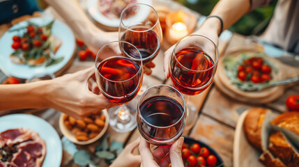 Happy friends toasting glasses of red wine at summer party