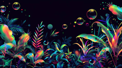 Obraz na płótnie Canvas Vibrant Neon Jungle with Floating Bubbles Background