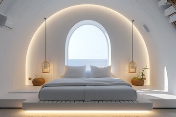 Modern minimalistic bright apartment in a white cave with stone walls and stylish furniture and decor