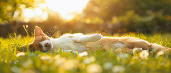 A mongrel puppy sleeps cutely on the grass among the flowers against the backdrop of the sunset. - obrazy, fototapety, plakaty