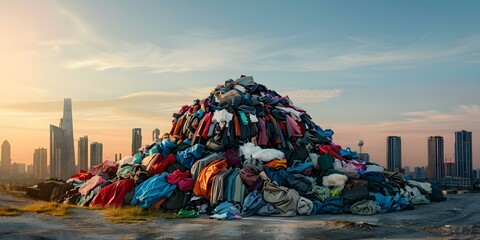 The Environmental Impact of Fast Fashion: Clothing Pile Against City Skyline Emphasizing the Need for Textile Recycling. Concept Fast Fashion, Environmental Impact, Clothing Pile, City Skyline - obrazy, fototapety, plakaty