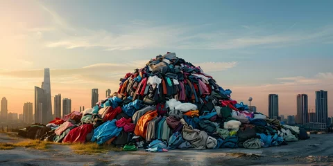 Foto op Plexiglas The Environmental Impact of Fast Fashion: Clothing Pile Against City Skyline Emphasizing the Need for Textile Recycling. Concept Fast Fashion, Environmental Impact, Clothing Pile, City Skyline © Anastasiia