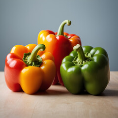 Closeup of vibrant bell peppers in red, orange, yellow, and green colors placed on a wooden surface with a soft blue backdrop. Minimal food concept. Copy space.
