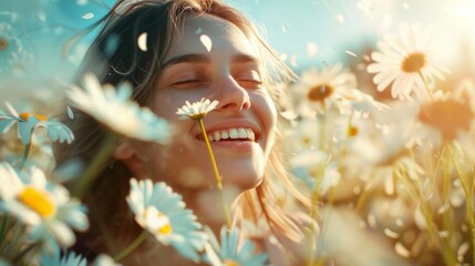 Beautiful portrait  woman in daisies flowers at sunset.