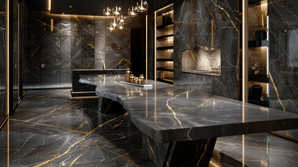 A sophisticated dining room featuring a dark gray marble table at its center, with gold and white veins that add an element of luxury. 