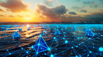 A sprawling digital landscape with royal blue dots connected by triangles of vibrant coral, set against a backdrop of a digital sunset at the beach, evoking a sense of peace and serenity. - obrazy, fototapety, plakaty