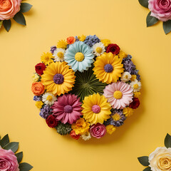A stunning floral mandala featuring mixed flowers with sunflowers in the core on a yellow background. Minimal concept of love and romance. Floral pattern. Flat lay. Copy space. 