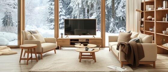 A living room with wooden furniture, sofa and TV cabinet in a light wood color, floor-to-ceiling windows, snow outside the window