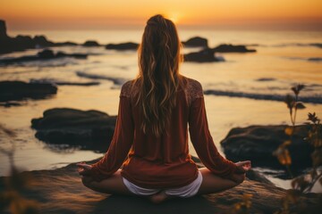 Fototapeta premium Girl sitting on the top of mounting and enjoying yellow sunrise above sea