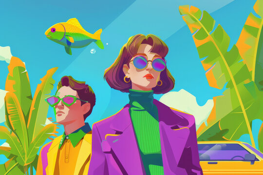Vibrant Retro Couple Illustration with Tropical Fish and Palm Leaves