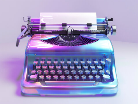 retro and sleek cyan-magenta gradient shimmery typewriter with silver accents frontal close-up on white background, new condition, glossy paper included, label ready