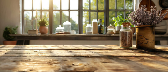 Photo-ready setup with wooden tabletop against blurred kitchen window, ideal for product showcases, especially for food photography, offering appealing marketing environment