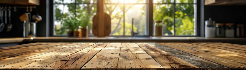 Wooden table top with blurred kitchen window background, perfect studio setting for product displays/layouts. Ideal for showcasing various items, especially foods, in a natural context - obrazy, fototapety, plakaty
